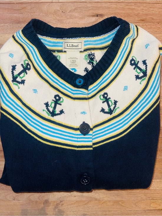 L.L. Bean Sweaters - L.L. Bean Vintage Navy Cream & Yellow Knit Cardigan with Anchor | Coastal | L